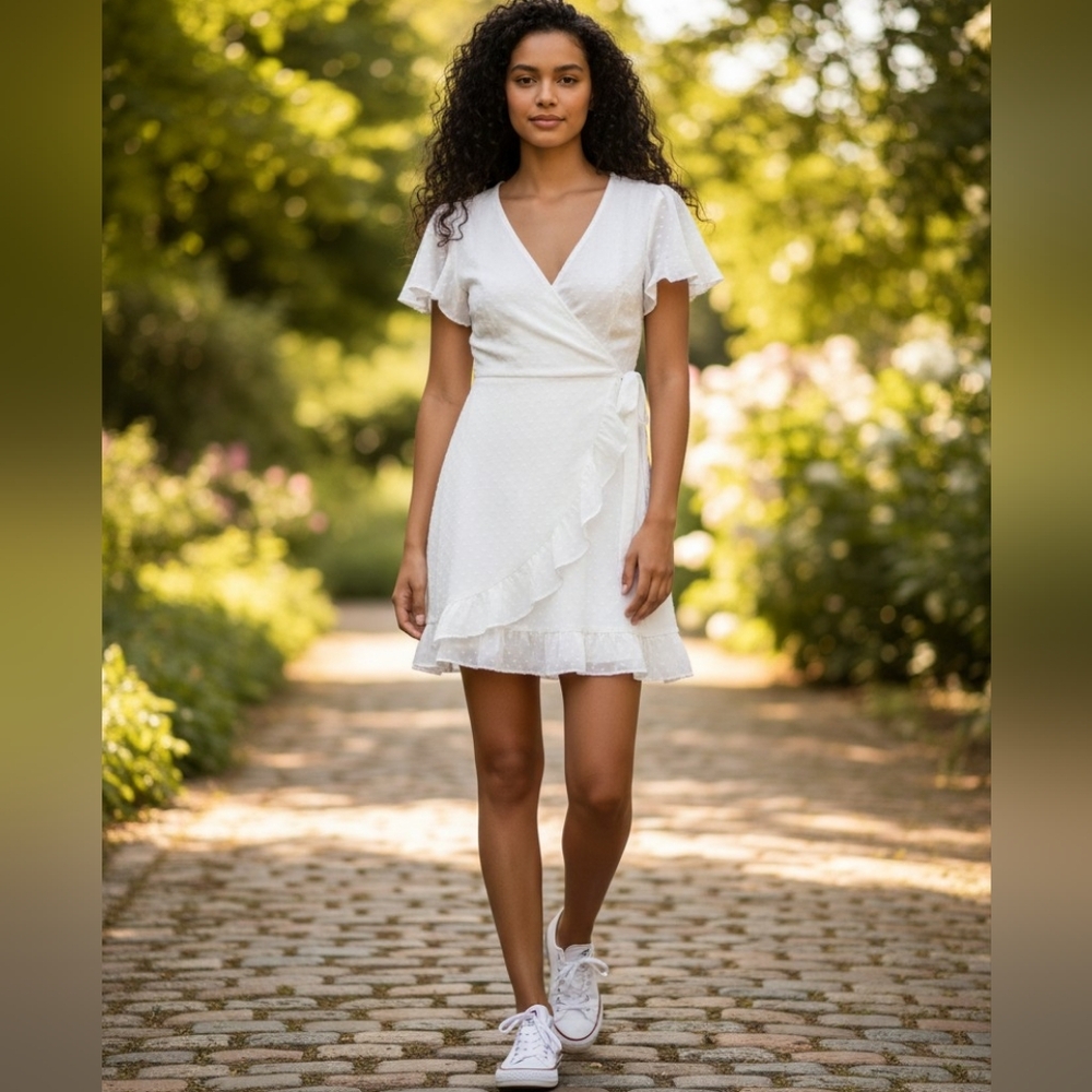 Jack By BB Dakota Easy on the Eyelet Faux Wrap Dress Summer Flirty Vacay